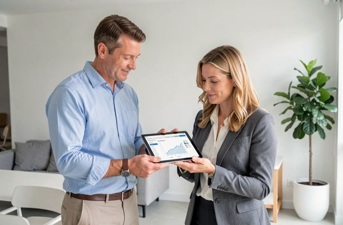 Deux professionnels d'Administra collaborant sur une tablette numérique dans un bureau de gestion de copropriété