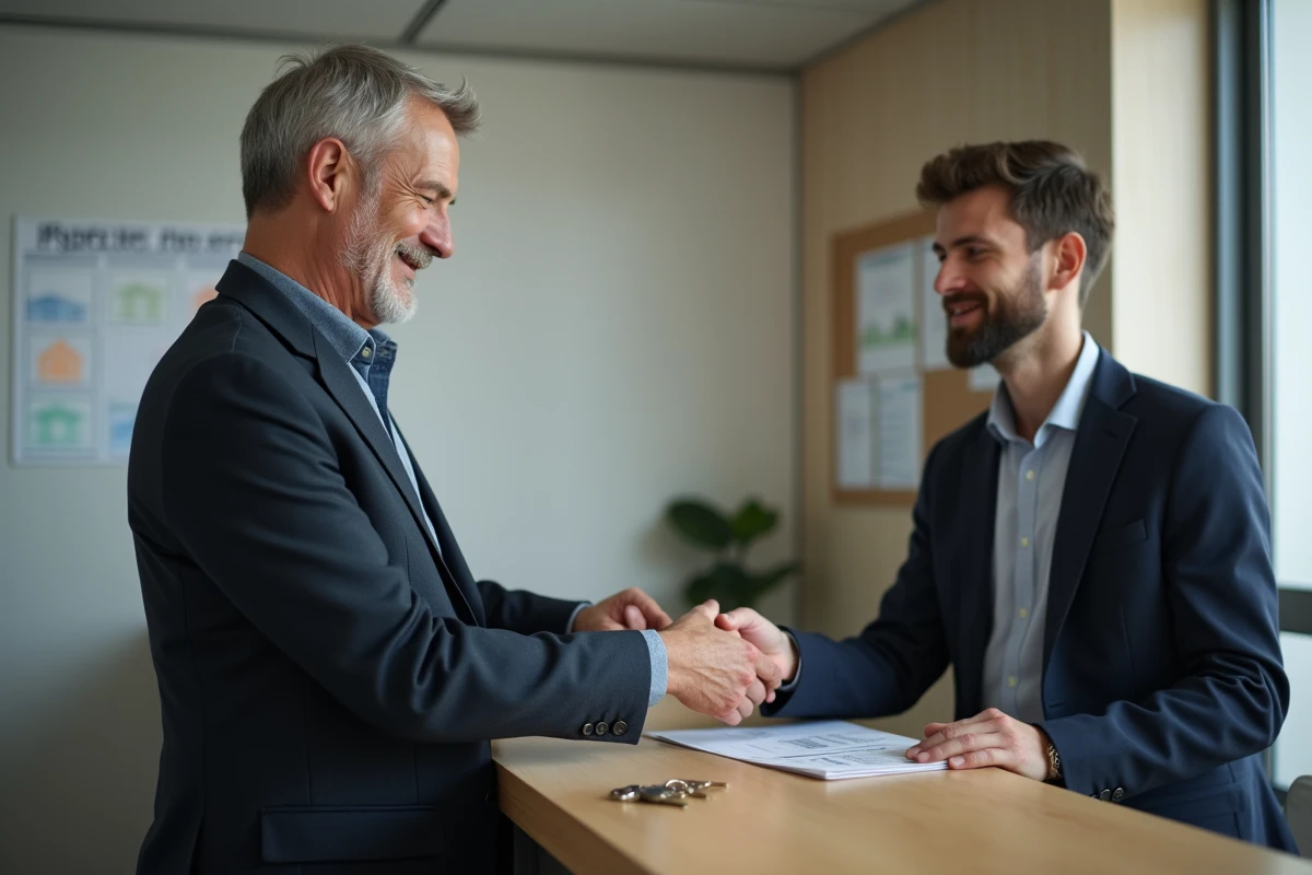 Agent immobilier remettant des clés à un jeune homme