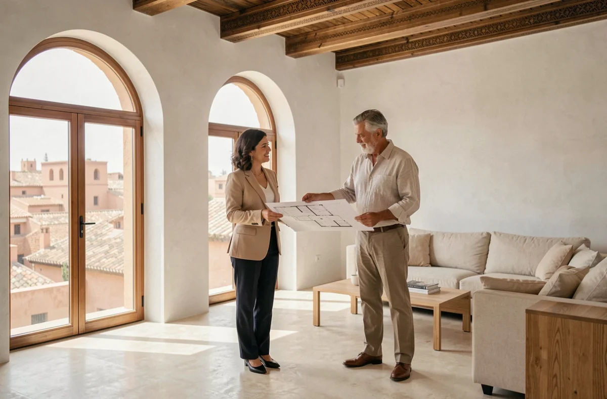 Agent immobilier présentant un appartement rénové à Marrakech à un acheteur retraité européen