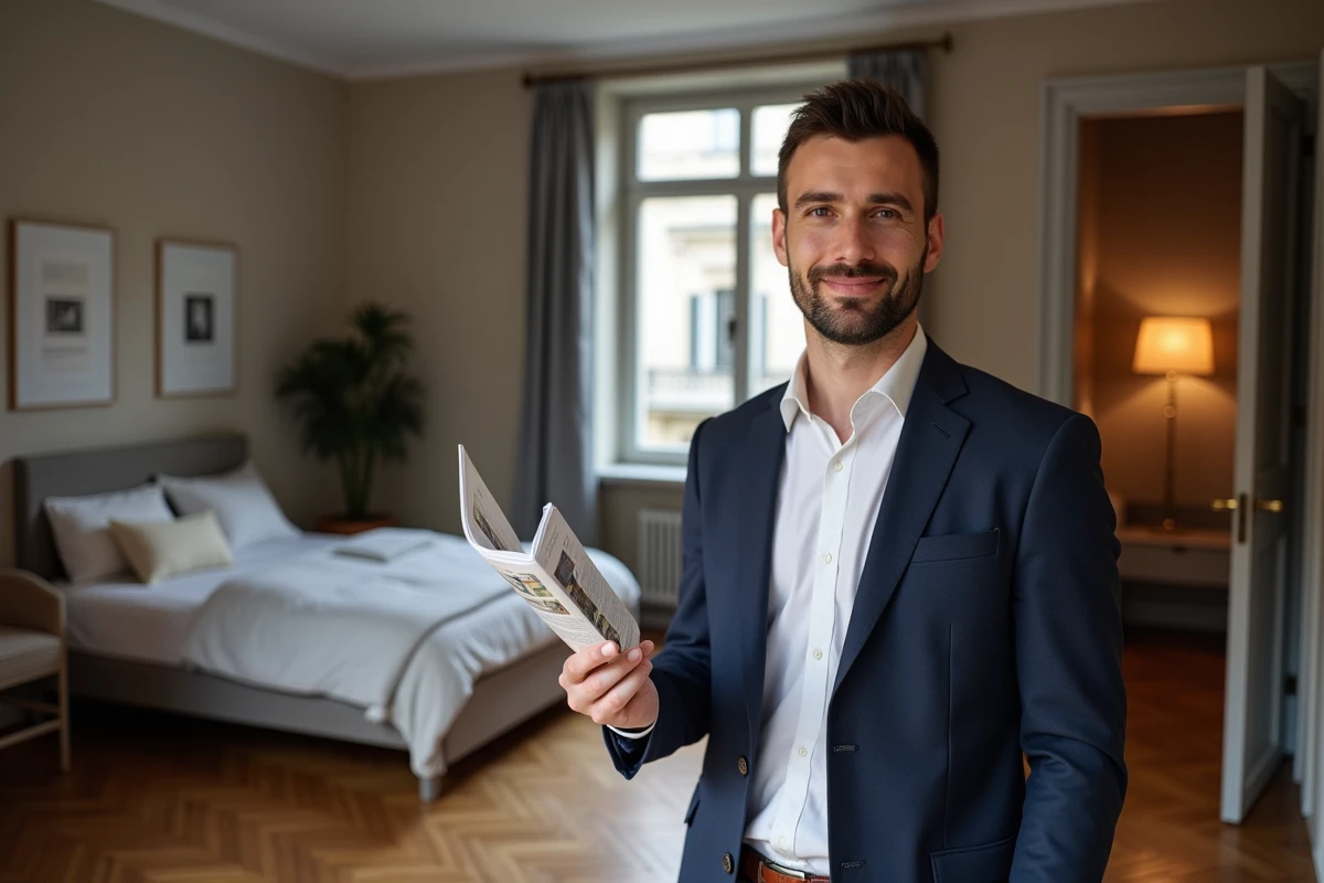 Agent immobilier présentant un appartement T1 bis avec espace nuit séparé et parquet en chevron