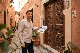 Agent immobilier marocain présentant un appartement à vendre dans la médina de Marrakech devant une porte traditionnelle en cèdre sculpté