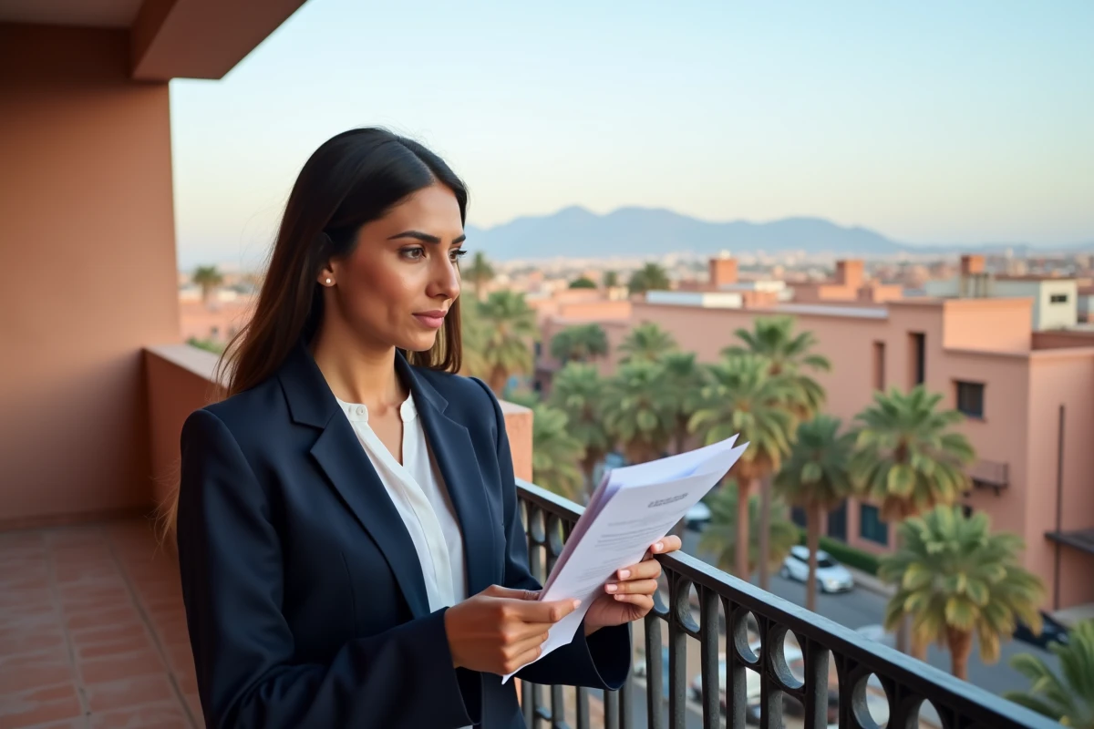 Agent immobilière sur balcon d'appartement à Guéliz tenant une estimation de valeur avec vue sur la ville de Marrakech