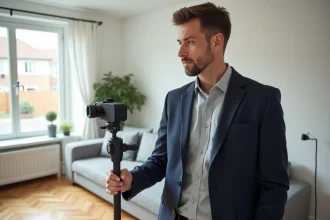Agent immobilier tenant une caméra 360 degrés dans un salon moderne pour réaliser une visite virtuelle