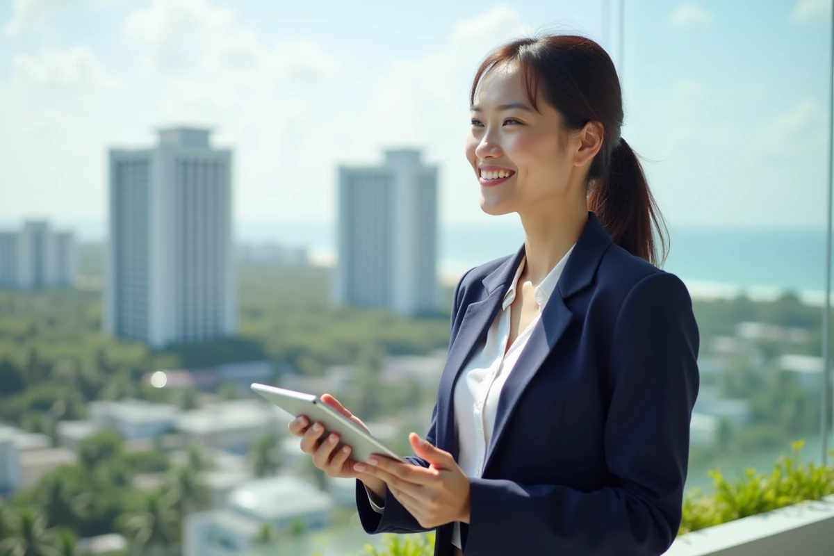 Agente immobilière thaïlandaise présentant un condo en bord de mer depuis une terrasse avec vue sur la côte