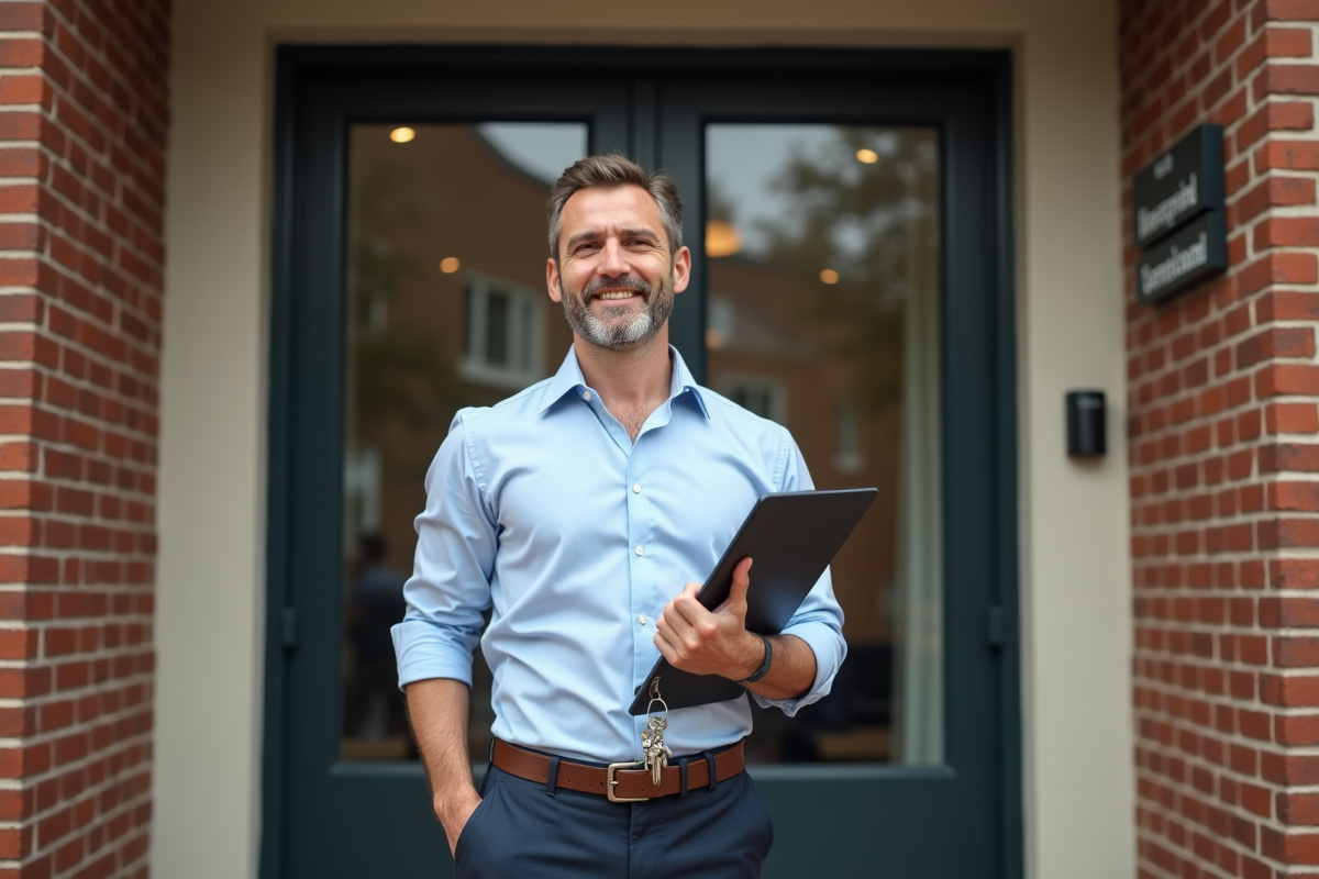 Agent immobilier souriant devant une entrée d