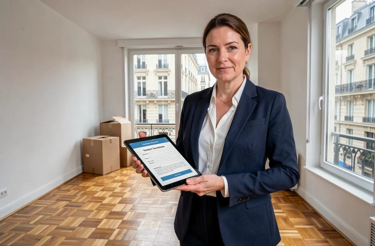 Agent immobilier présentant une solution de garantie locative Garantme dans un appartement vide à louer