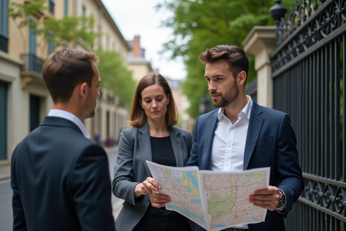 Agent immobilier montrant une carte de Lyon à un couple