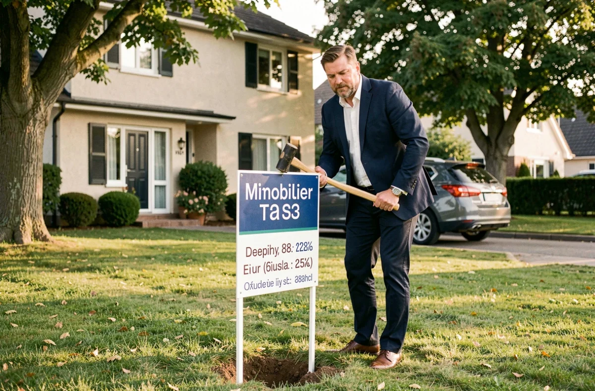 Agent immobilier plantant un panneau à vendre dans le jardin d'une maison résidentielle bien entretenue