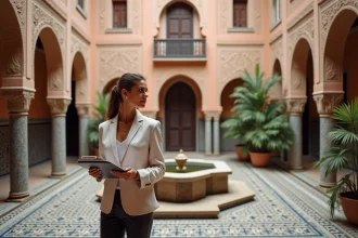 Agent immobilière présentant un riad à vendre à Marrakech avec cour intérieure traditionnelle en zellige