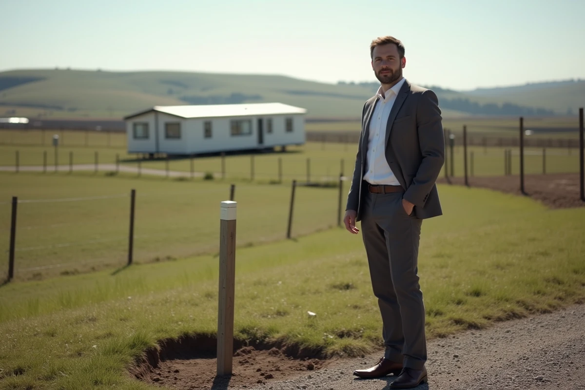 Agent immobilier avec panneau de propriété dans un champ rural