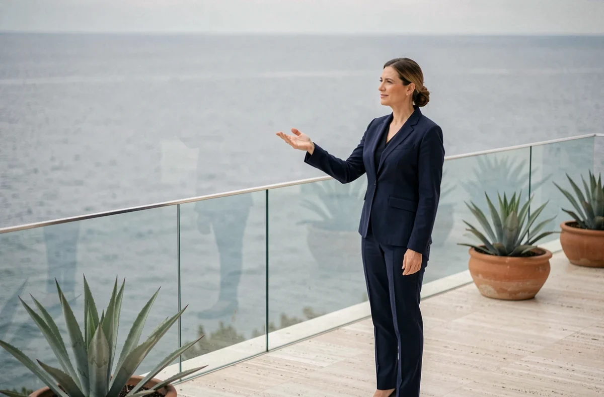 Agent immobilier sur la terrasse d'une maison à vendre avec vue mer dégagée et balustrade en verre