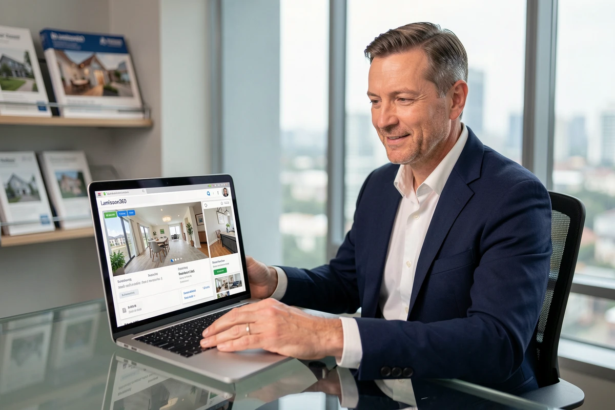 Agent immobilier présentant une plateforme de visite virtuelle maison gratuite sur ordinateur portable en agence