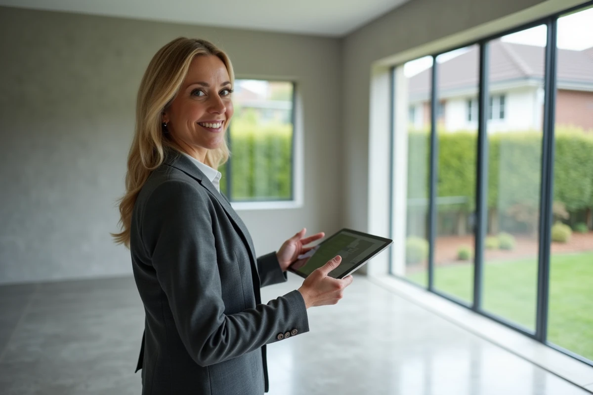 Agent immobilière présentant une visite virtuelle 360° d'une propriété sur tablette à un acheteur à distance