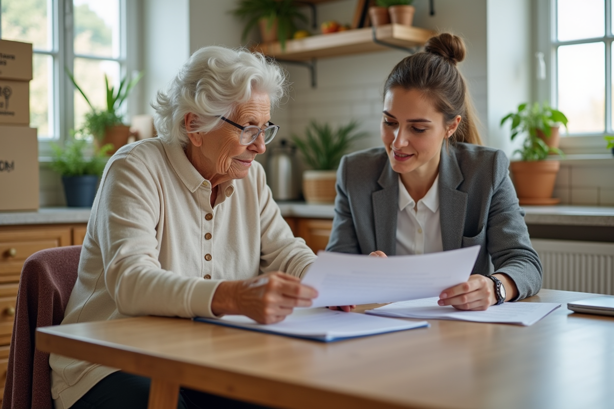 Seniore assise avec assistante sociale dans la cuisine