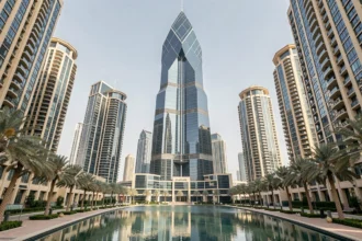 Vue extérieure de la tour Almas dans le quartier Jumeirah Lakes Towers à Dubaï, reflétée dans le lac