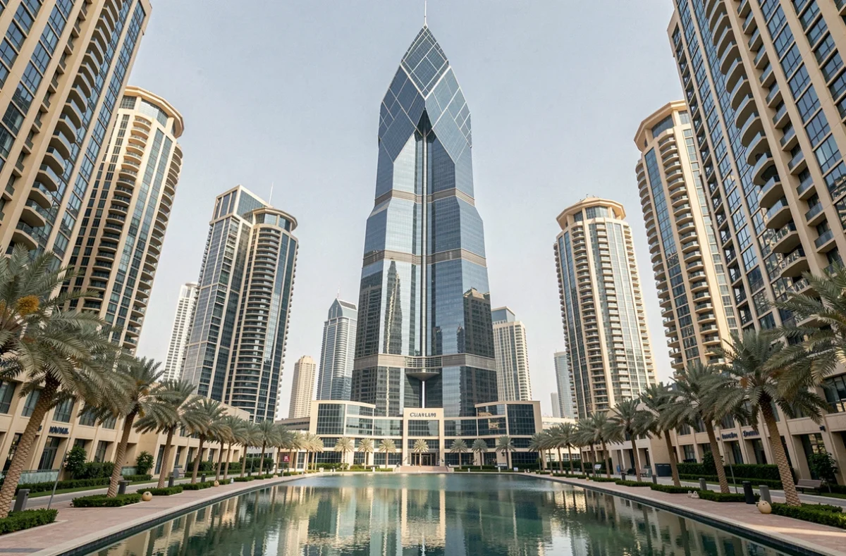 Vue extérieure de la tour Almas dans le quartier Jumeirah Lakes Towers à Dubaï, reflétée dans le lac