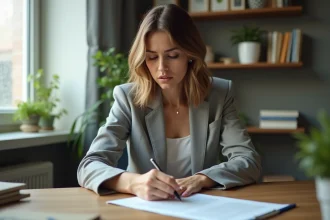 Femme révisant un contrat de location à son bureau avant d'annuler son préavis