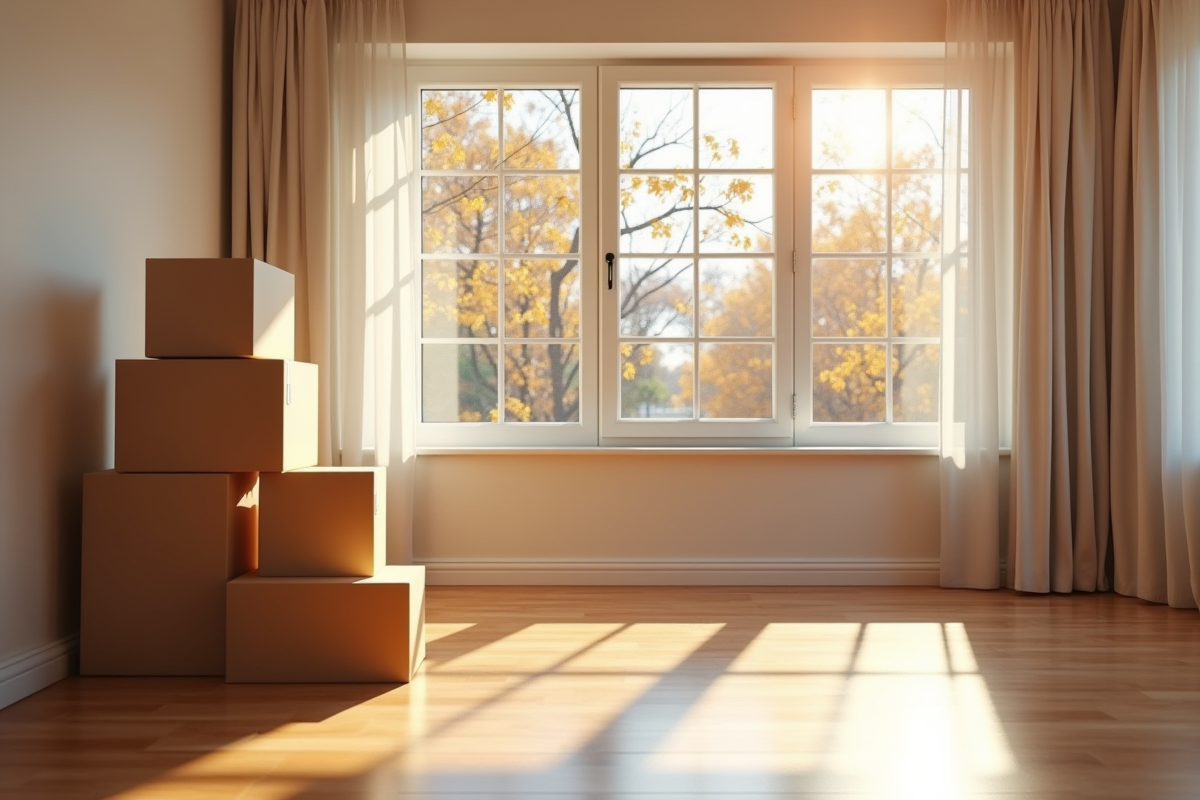 Appartement propre et lumineux avec des cartons et des feuilles d