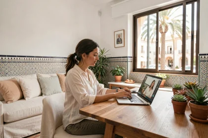 Femme en télétravail dans un appartement moderne à vendre à Marrakech Guéliz avec décoration marocaine contemporaine