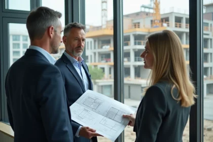 Architecte discutant plans avec une cliente dans un bureau moderne