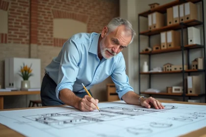 Architecte étudiant des plans de construction de garage sur une table à dessin en bois dans un studio professionnel