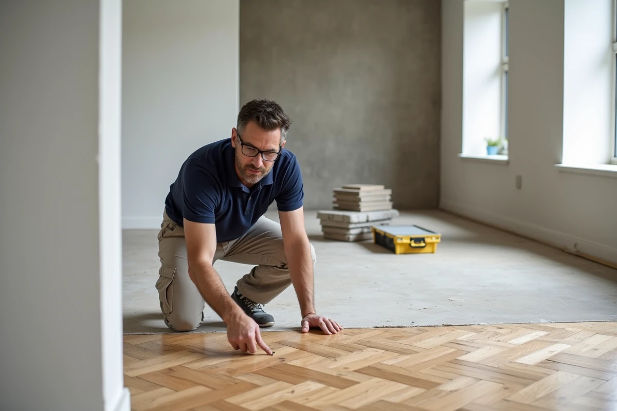 Artisan rénovateur présentant un parquet en chevrons fraîchement posé dans un appartement en cours de rénovation
