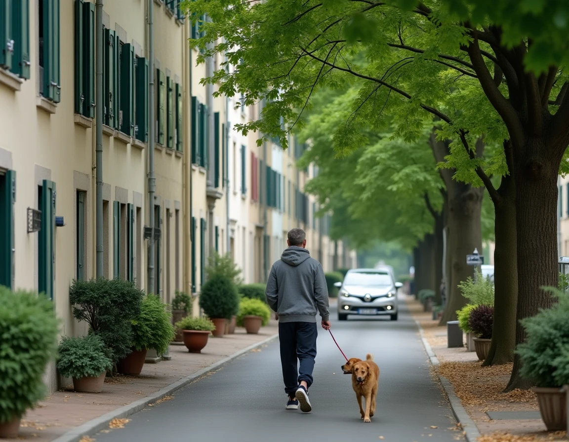 Avenue résidentielle arborée et calme du Mans avec un homme promenant son chien sur un trottoir bien entretenu