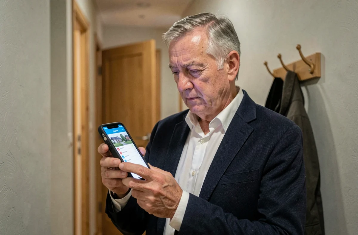 Propriétaire bailleur consultant l'application MyFoncia sur smartphone lors d'une visite de son bien locatif