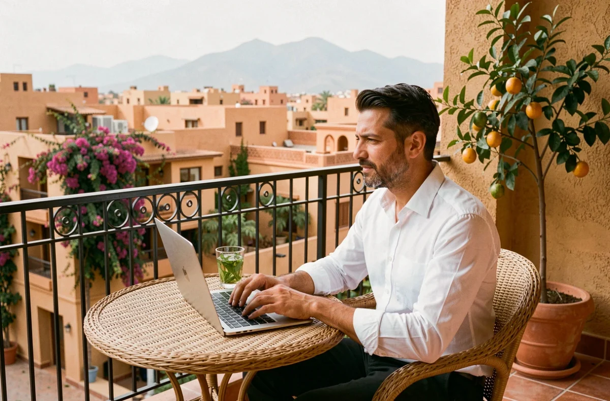 Homme en télétravail sur le balcon d'un appartement à vendre à Guéliz Marrakech avec vue sur la ville et l'Atlas