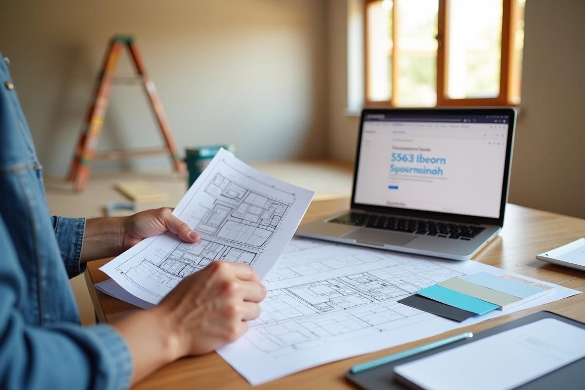 Mains tenant plans architecturaux et echantillons de couleurs