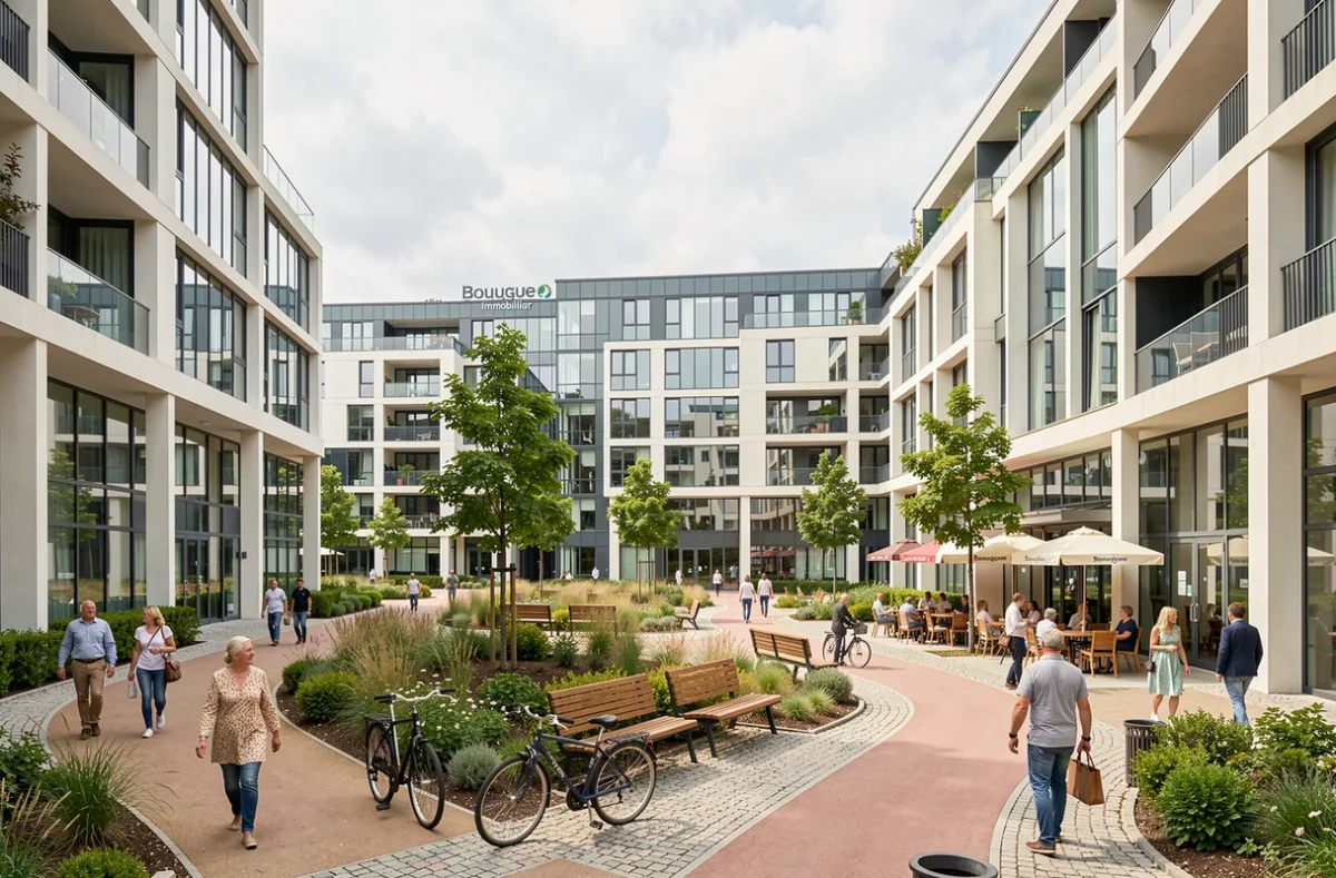 Ensemble résidentiel Bouygues Immobilier en Essonne avec plaza paysagée, pistes cyclables et terrasse de café animée au pied des immeubles modernes