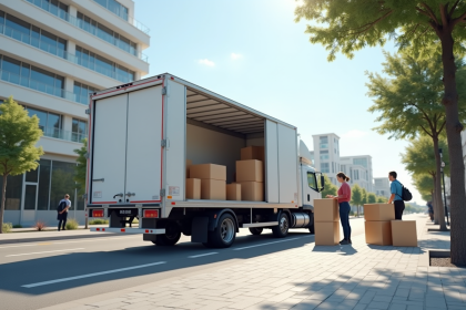 Camion blanc en ville avec personnes chargeant des cartons