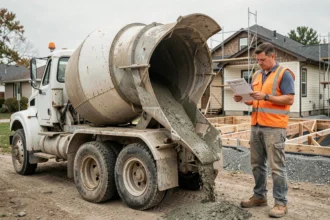 Camion toupie béton stationné sur un petit chantier résidentiel avec ouvrier consultant un bon de commande