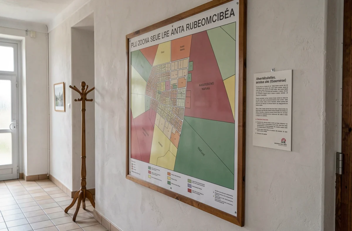 Carte PLU de zonage communal affichée dans le couloir d'une mairie française