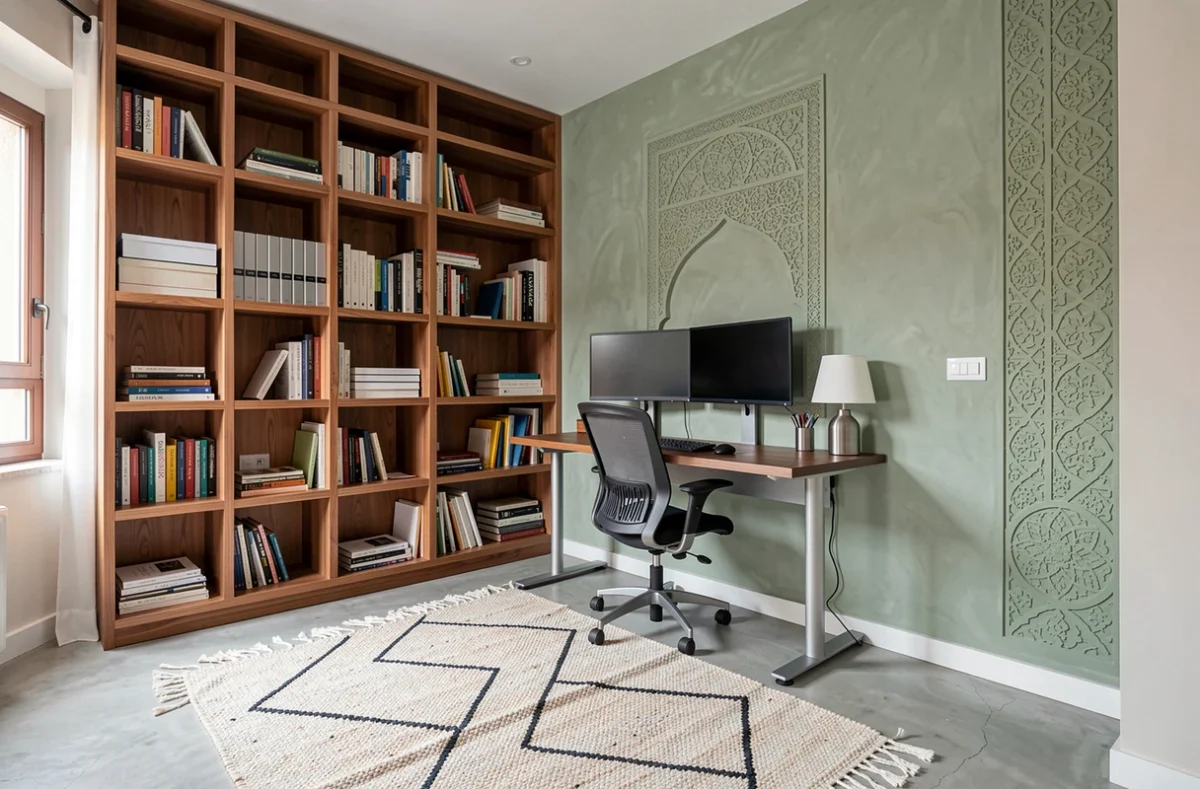 Chambre transformée en bureau télétravail dans un appartement contemporain à vendre à Guéliz Marrakech avec artisanat marocain