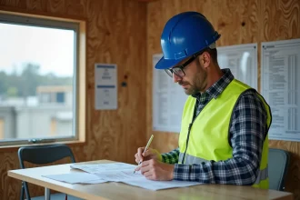 Chef de projet bâtiment consultant l'index BT47 sur des documents papier dans une cabane de chantier
