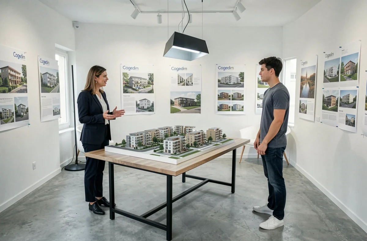 Espace de vente Cogedim en Essonne avec maquette de programme immobilier, conseillère commerciale et couple de futurs acquéreurs