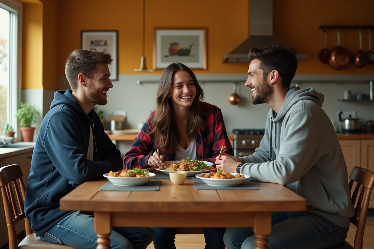 Trois étudiants en colocation à La Roche-sur-Yon partageant un repas autour d'une table dans un appartement partagé