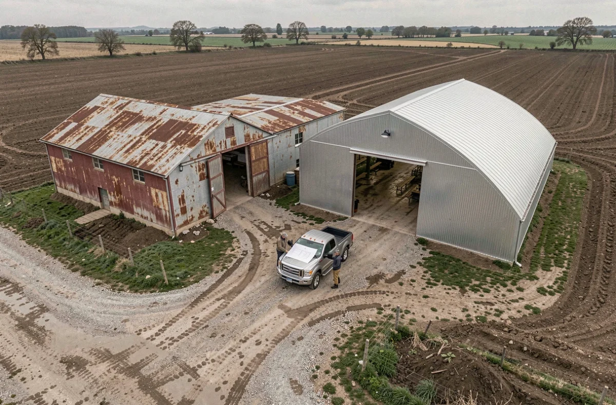 Vue comparative de deux hangars agricoles anciens et neufs sur une exploitation française avec agriculteurs consultant des plans de modernisation