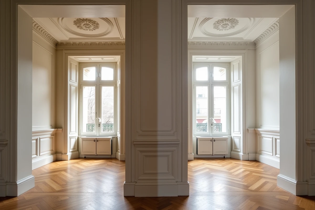 Comparaison visuelle entre un vrai appartement haussmannien avec moulures en plâtre et parquet ancien et une imitation moderne avec fausses moulures et parquet stratifié