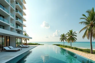 Immeuble de condominiums moderne en bord de mer en Thaïlande avec piscine et vue sur l'océan turquoise
