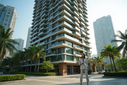 Façade d'un condominium moderne en Thaïlande avec une femme tenant une brochure immobilière devant l'entrée