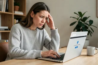 Femme frustrée devant son ordinateur portable avec un message d'erreur de connexion MyNexity sur l'écran