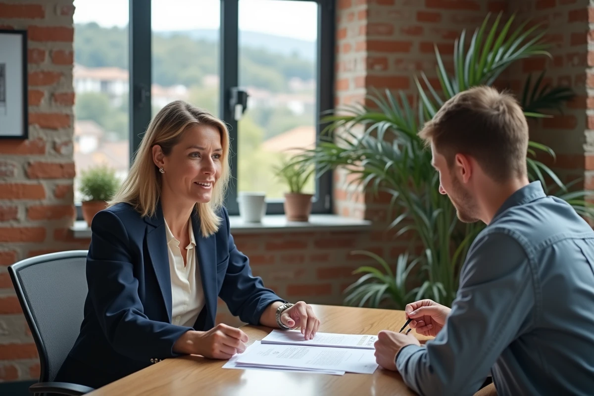 Conseillère immobilière accompagnant un primo-accédant dans la signature de documents pour l'achat d'une résidence principale