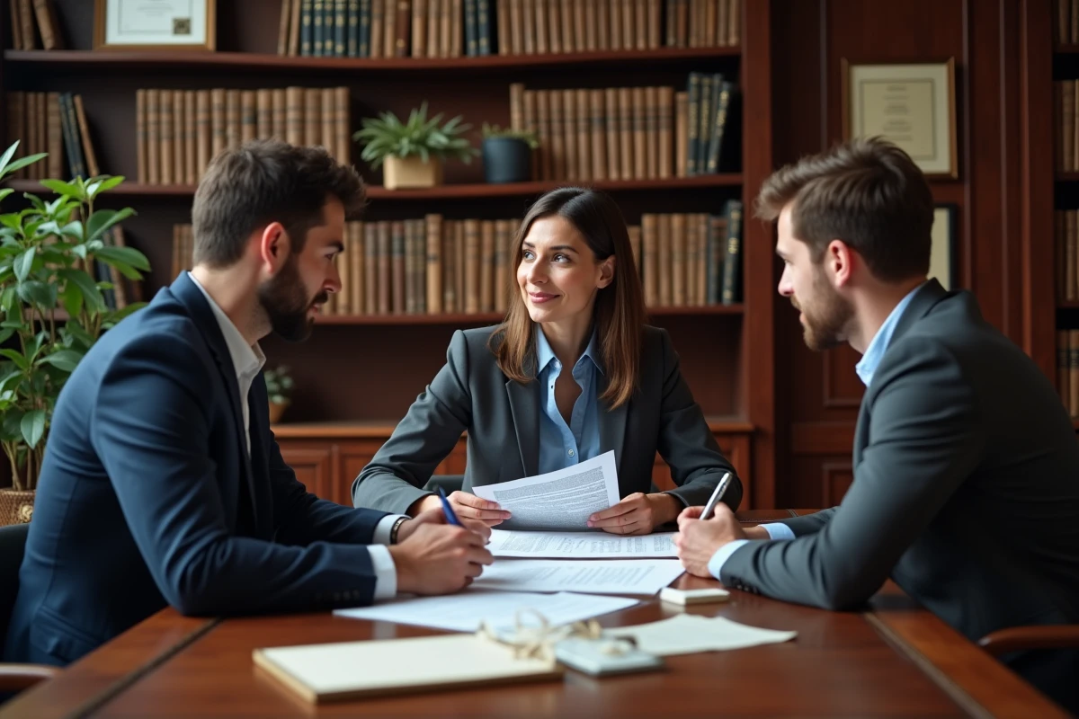 Conseillère juridique expliquant la réforme des loyers impayés à un couple de locataires dans un bureau de conseil en droit immobilier