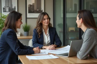 Conseillère immobilière expliquant le mode d'emploi du logement social à un jeune couple dans un bureau moderne