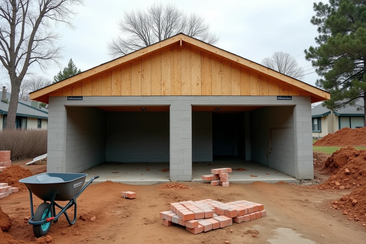 Construction d'un double garage résidentiel en parpaings avec charpente en bois visible dans un quartier pavillonnaire