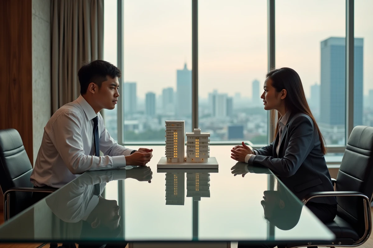 Agent immobilier en consultation avec des investisseurs étrangers présentant des modèles de condo et maison en Thaïlande