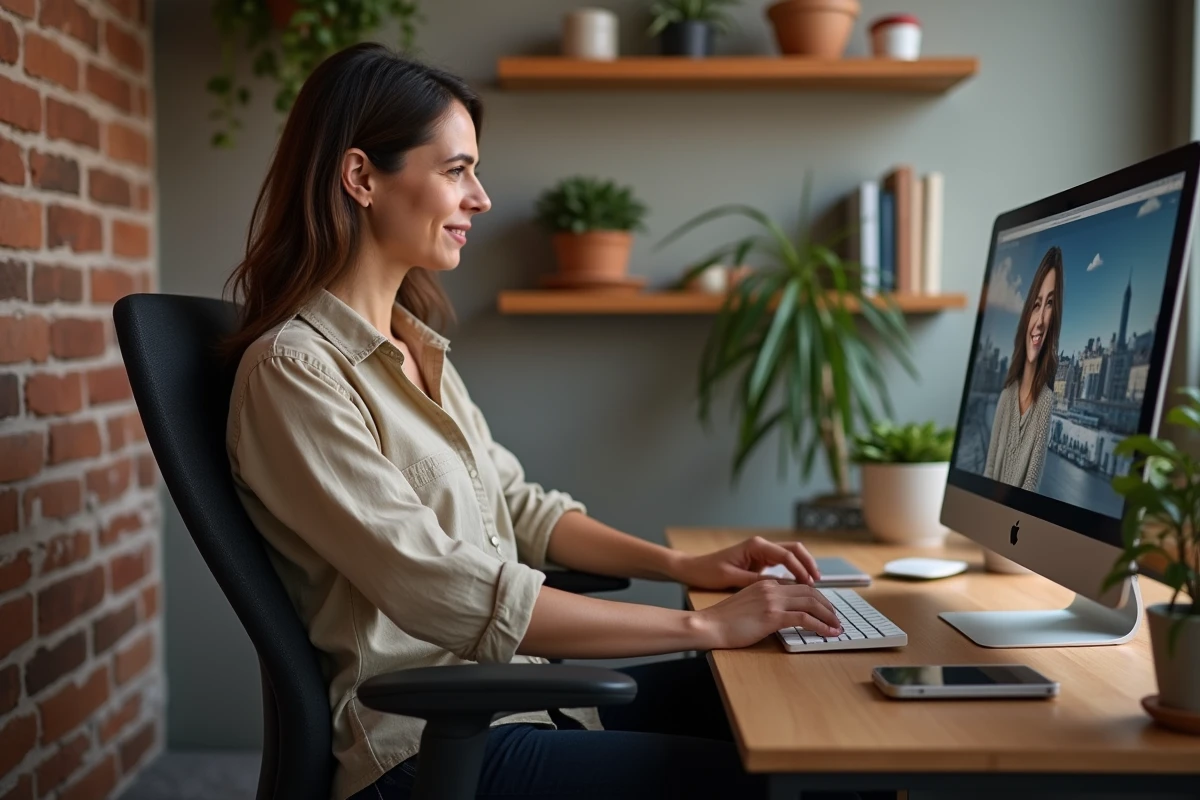Femme consultant une visite virtuelle immobilière sur ordinateur pour comparer les prix des services lamaison360