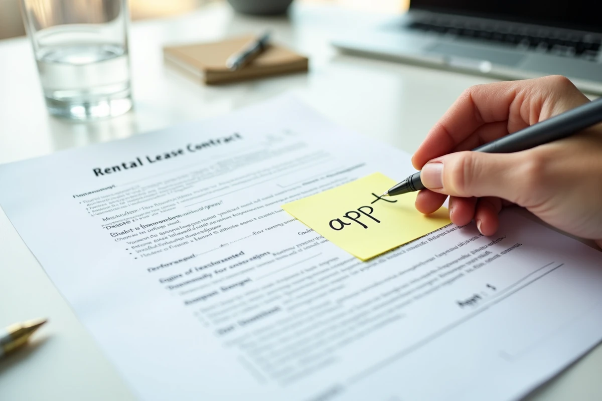 Contrat de location avec abréviation d'appartement écrite à la main sur une note autocollante